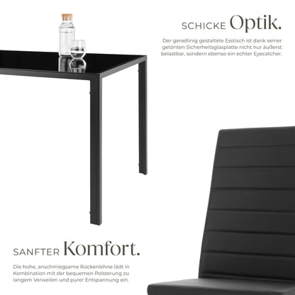tectake Essgruppe Esstisch & 4 Stühle Kunstleder – Schwarz
