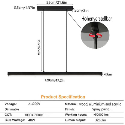 SENFAY LED Hängelampe Esstisch dimmbar, Pendelleuchte schwarz 120 cm