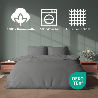JACOBSON Bettwäsche-Set Baumwolle Perkal 240x220, Anthrazit, 3-teilig