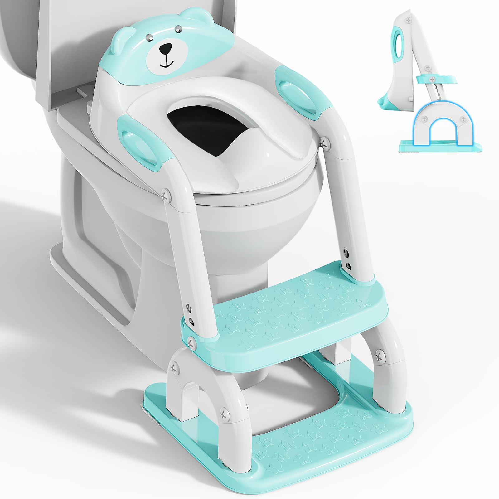 KYYOKE Toilettentrainer mit Treppe, 2-in-1 Kindertoilettensitz, blau, klappbarer WC-Aufsatz mit drei Stufen