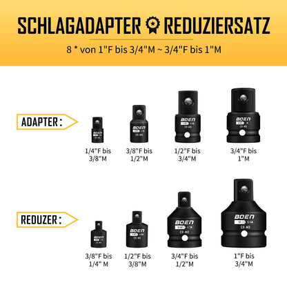 Mr.wintek Schlagadapter-Set 8-teilig, Stecknuss-Adapter 1/4" bis 1"