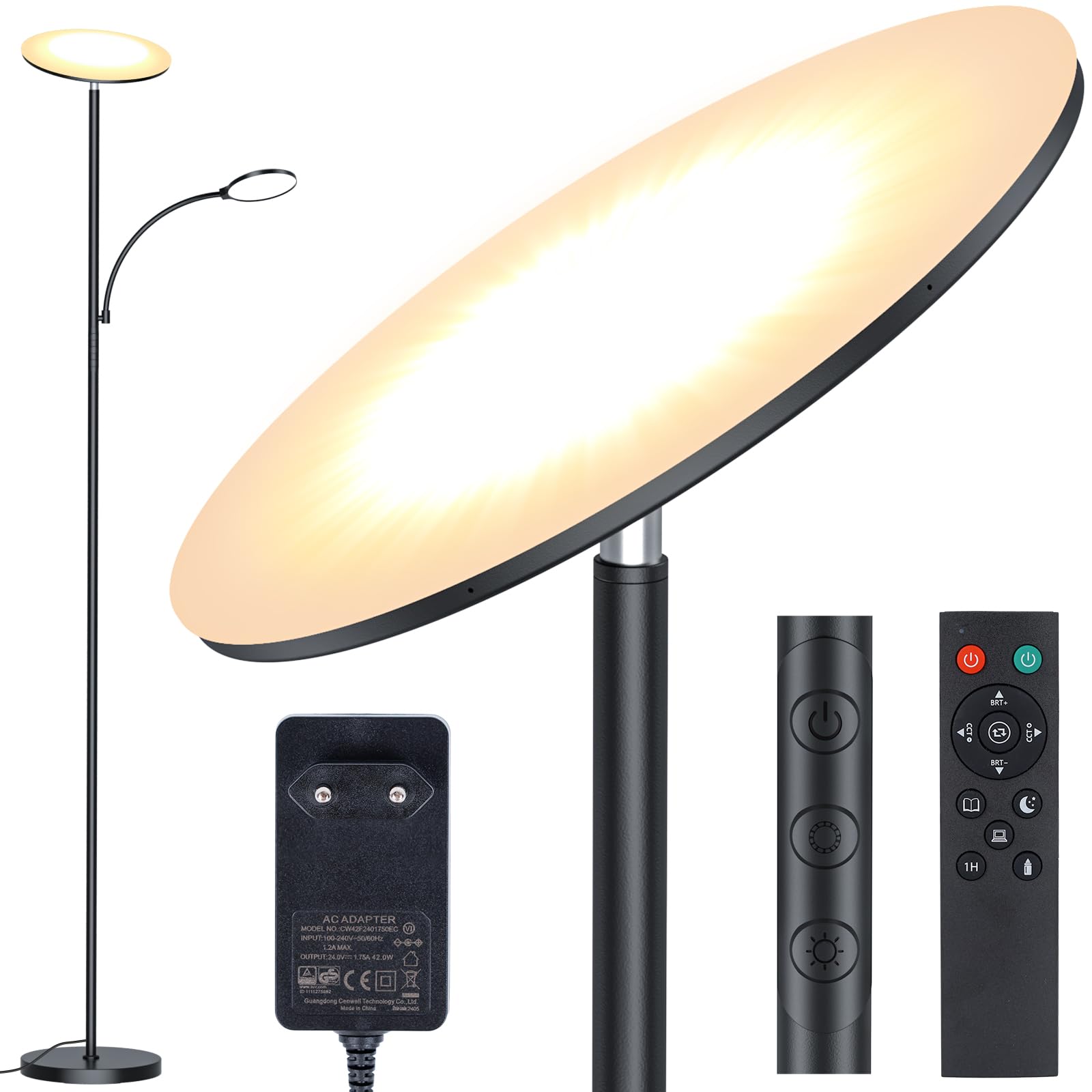 Moderne LED Stehlampe - Deckenfluter Leselampe Dimmbar 42W, schlanke Form für indirekte Raum- und direkte Lesebeleuchtung.