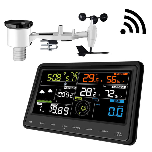 Ecowitt WS2910 Wetterstation – WLAN, 7-in-1, Farbdisplay. Konsole mit Farbdisplay zeigt 7-in-1 Wetterdaten via WLAN an.