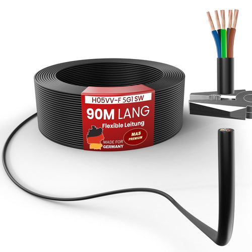 MAS Premium H05VV-F Kunststoffschlauchleitung - 5G1 Schwarz 90m. Aufgerollt, zur flexiblen Energieversorgung von Geräten.