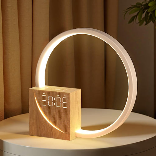 blonbar Nachttischlampe AJ300 mit Lichtwecker und USB-Ladefunktion, Tischlampe mit Holzmaserung