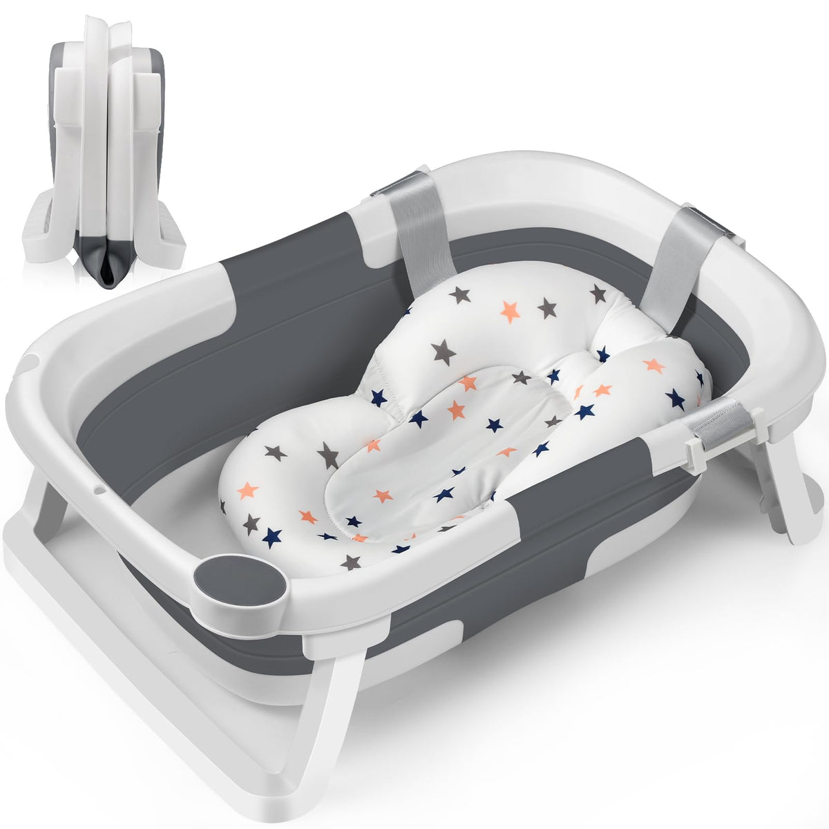DEANIC Babybadewanne faltbar mit Kissen, Babywanne 0-12 Monate, Grau, Wanne aus PP und TPE