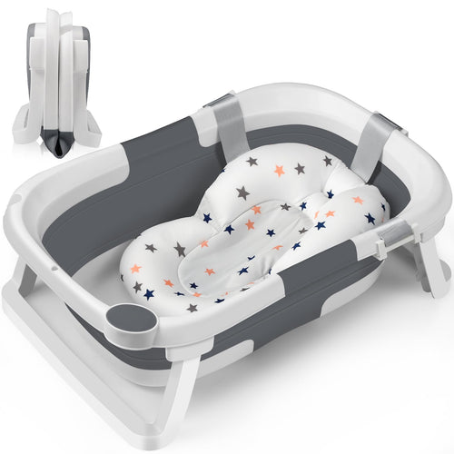DEANIC Babybadewanne faltbar mit Kissen, Babywanne 0-12 Monate, Grau, Wanne aus PP und TPE