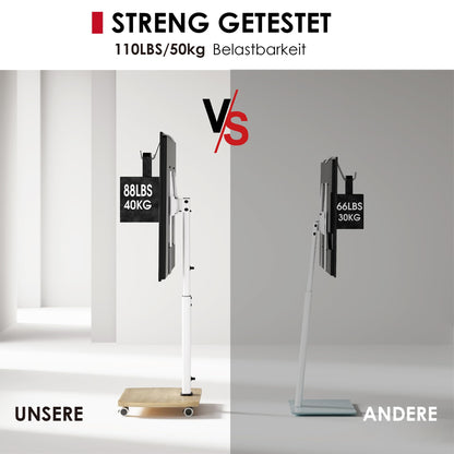 AOKCOS TV Ständer rollbar mit Holzablage für 32-65 Zoll, Weiss/Natur