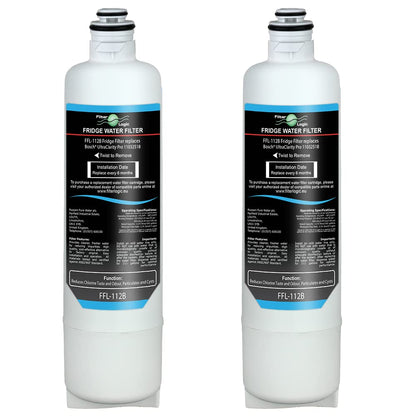 FilterLogic FFL-112B Wasserfilter UltraClarity Pro (2er-Pack). Zylindrische weiße Kartuschen filtern Wasser in Kühlschränken.