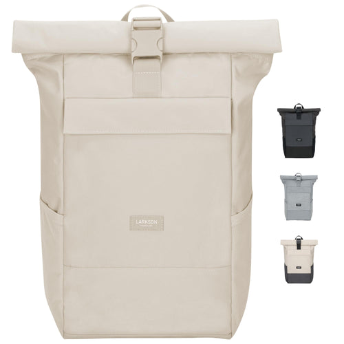 LARKSON No 4 Rolltop Rucksack Beige mit Laptopfach, wasserabweisend, mit Rollverschluss für Uni, Arbeit und Reisen