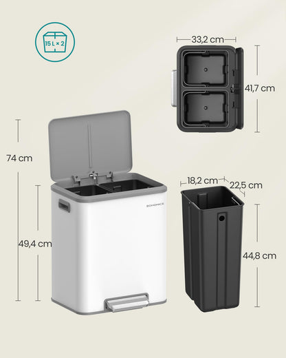 SONGMICS Mülleimer Küche, Mülltrennsystem 2 x 15 L, Softclose-Deckel