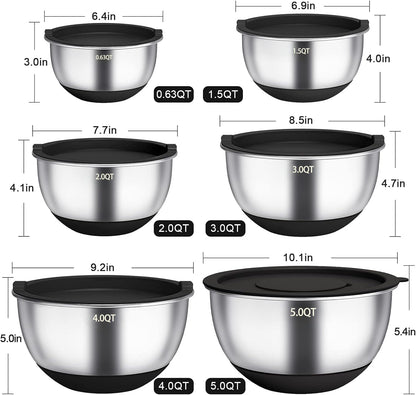 Terlulu Rührschüssel Set 6-teilig, Edelstahl mit Deckel, schwarz