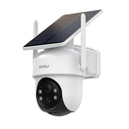 AOSU 2K Überwachungskamera Aussen Solar - Zusatzkamera, weißer Kamera-Korpus mit integriertem Solarpanel. Überwacht den Außenbereich.