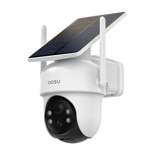 AOSU 2K Überwachungskamera Aussen Solar - Zusatzkamera, weißer Kamera-Korpus mit integriertem Solarpanel. Überwacht den Außenbereich.