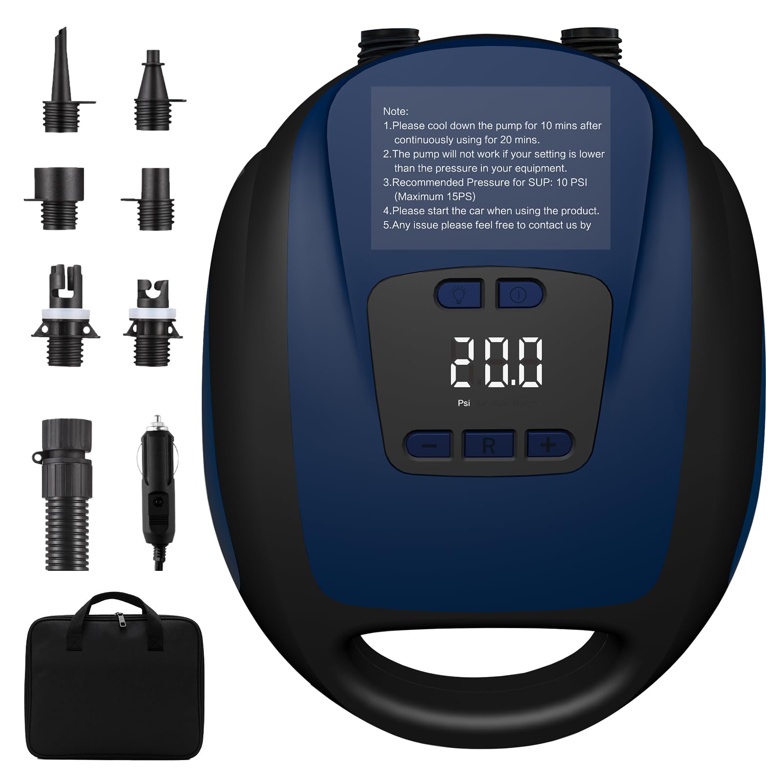 Furein WS-828 Elektrische SUP-Pumpe 20 PSI mit Auto-Off, Dark Blue, mit LCD-Display und Luftschlauch