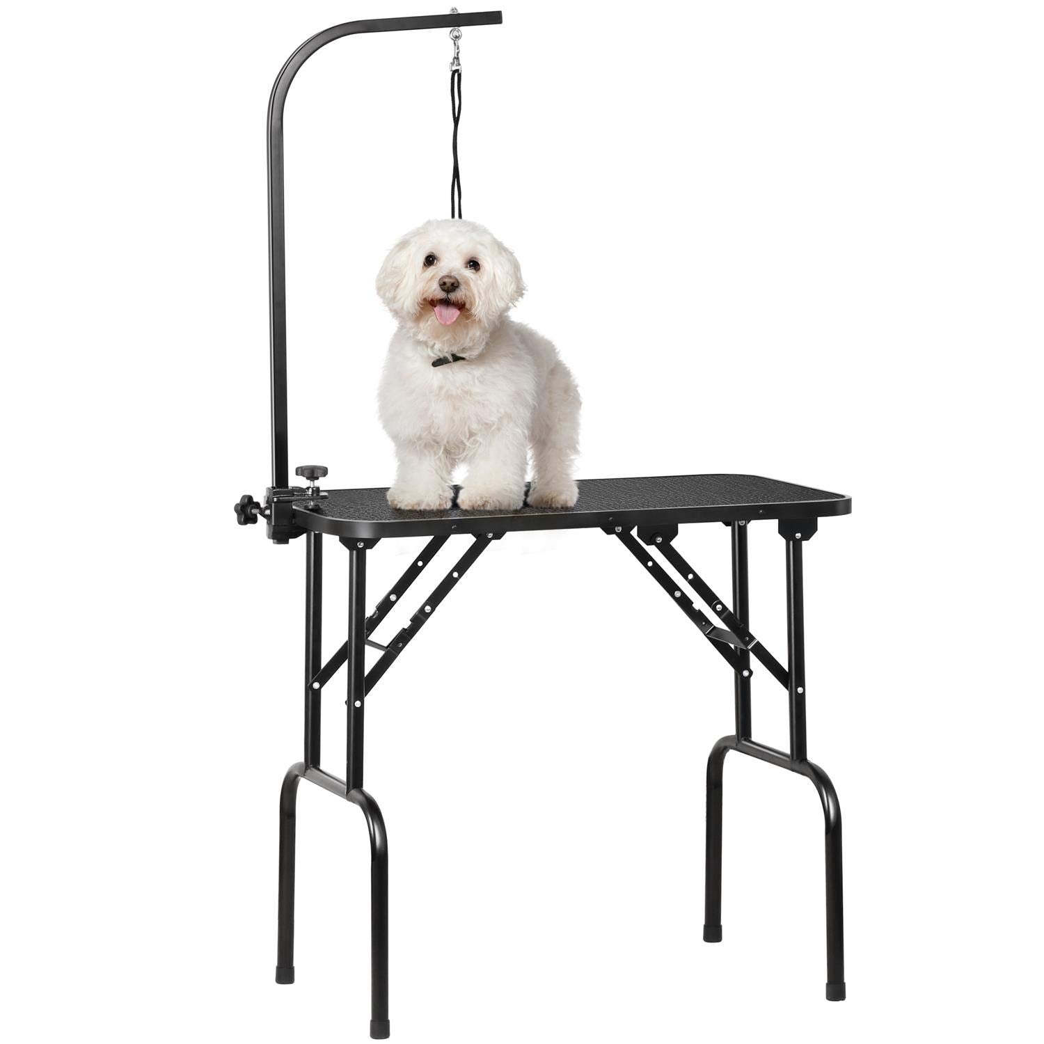 Yaheetech Hundepflegetisch - höhenverstellbar 100 kg: Schwarzer, rechteckiger Tisch mit rutschfester Oberfläche und Galgen zur professionellen Hundepflege.