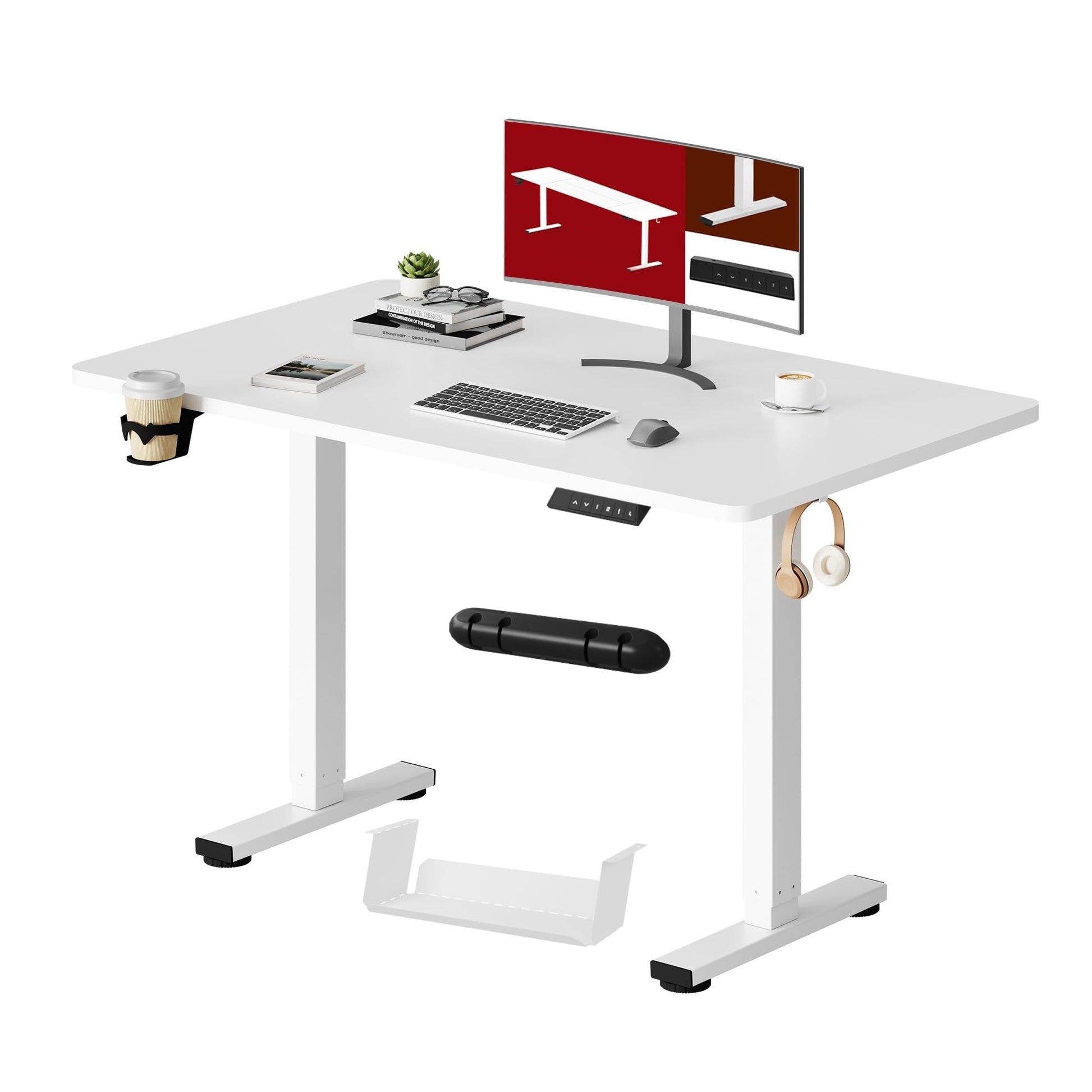 SANODESK Standing Desk höhenverstellbar 110x54 cm - Weiss. Rechteckiger, weisser Schreibtisch zum Arbeiten im Sitzen und Stehen.