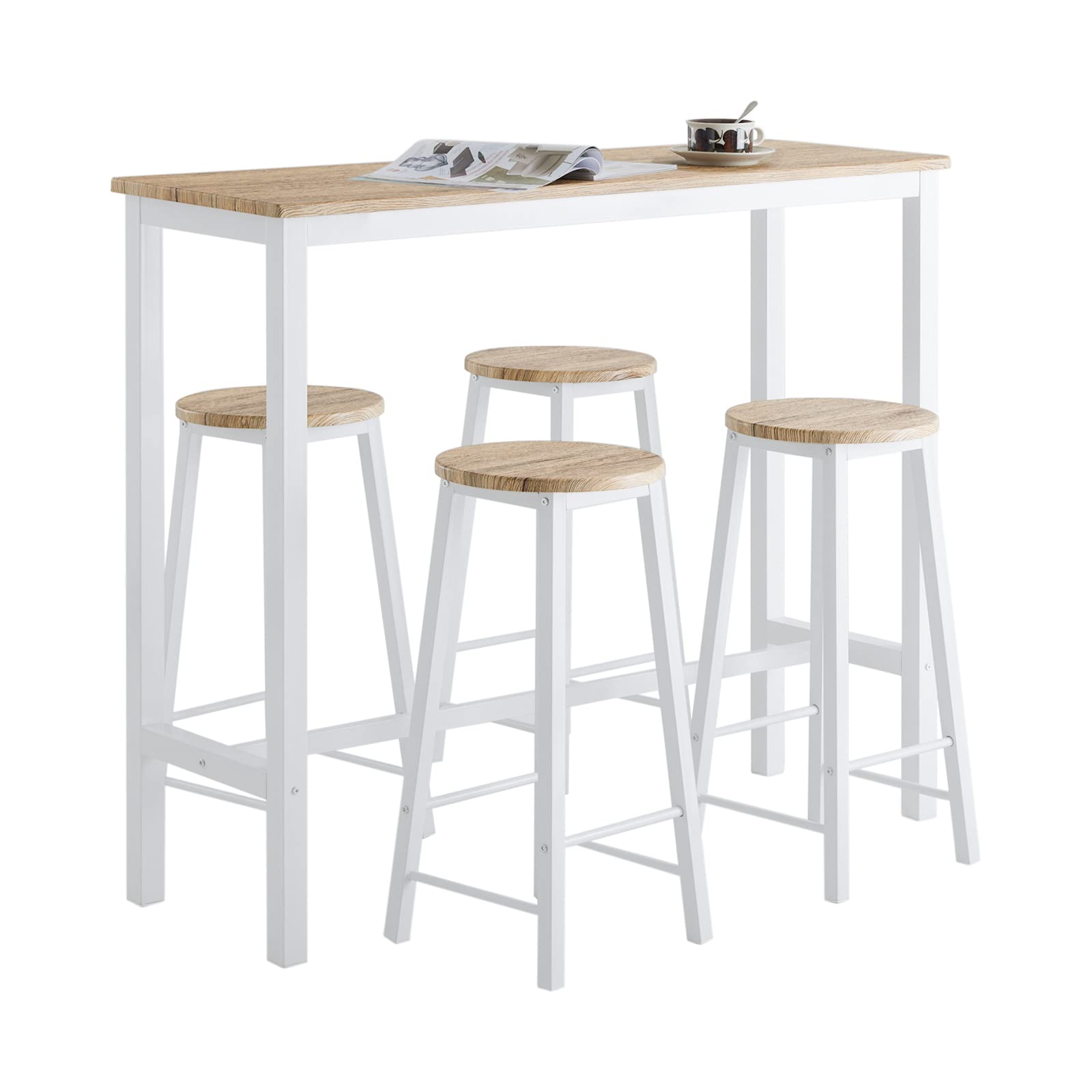 SoBuy OGT22-WN Bartisch Garnitur 5-teilig weiss-Natur: Rechteckiger Bartisch und 4 Barhocker in Weiß und Natur. Ideal für kompakte Essbereiche.
