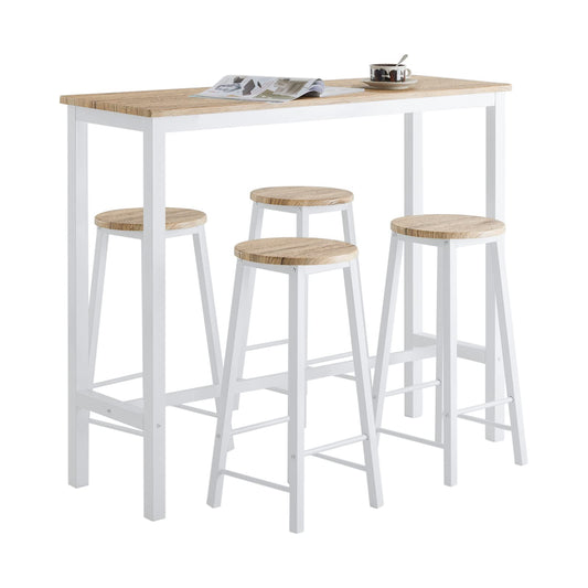 SoBuy OGT22-WN Bartisch Garnitur 5-teilig weiss-Natur: Rechteckiger Bartisch und 4 Barhocker in Weiß und Natur. Ideal für kompakte Essbereiche.