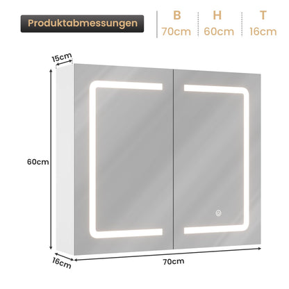 DICTAC Spiegelschrank mit LED-Beleuchtung und Steckdose, 70 cm, Weiss