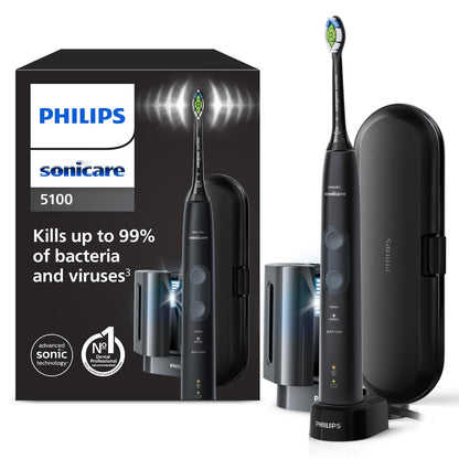 Philips Sonicare 5100 Schallzahnbürste - Schwarz. Schwarze, schlanke Schallzahnbürste. Reinigt Zähne durch hochfrequente Vibrationen zur Plaqueentfernung und Verbesserung der Mundgesundheit.
