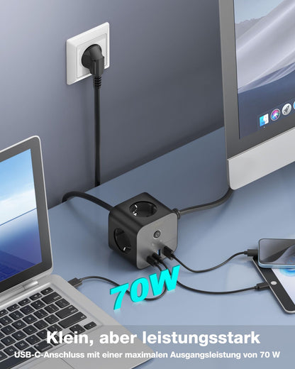 VEFVE CubePulse70 Steckdosenwürfel 70W USB-C 7-in-1 mit 3 m Kabel