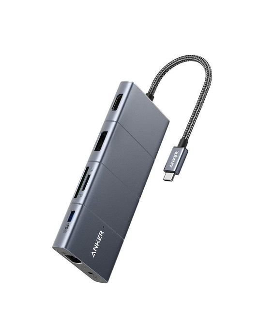 Anker PowerExpand+ 11-in-1 USB-C Adapter Hub 4K HDMI 100W PD, rechteckig. Erweitert USB-C-Ports für diverse Peripherie.