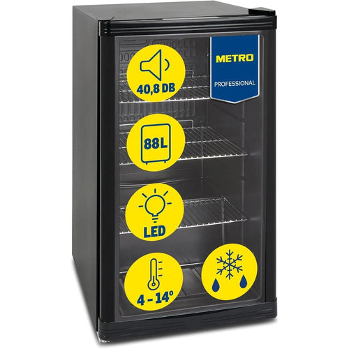 METRO Professional Mini-Kühlschrank GPC1088, 88 L, Glastür, schwarz mit LED-Innenbeleuchtung