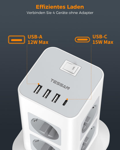 TESSAN Steckdosenturm 8-fach, USB-C, Überspannungsschutz, 10 m Kabel