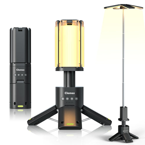 Clemas Teleskop-Campinglampe LED wiederaufladbar 14000 mAh 6000 Lumen, ausziehbar, mit vier verstellbaren Lampen