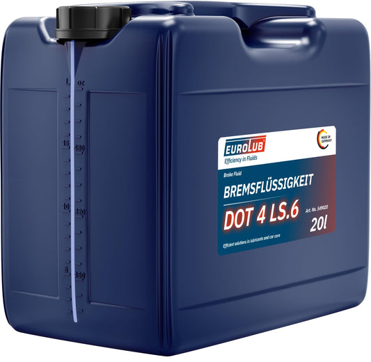 EUROLUB DOT4 LS.6 (Class6) Bremsflüssigkeit - 20 Liter. Blauer 20-Liter-Kanister für die Bremskraftübertragung in hydraulischen Fahrzeugsystemen.