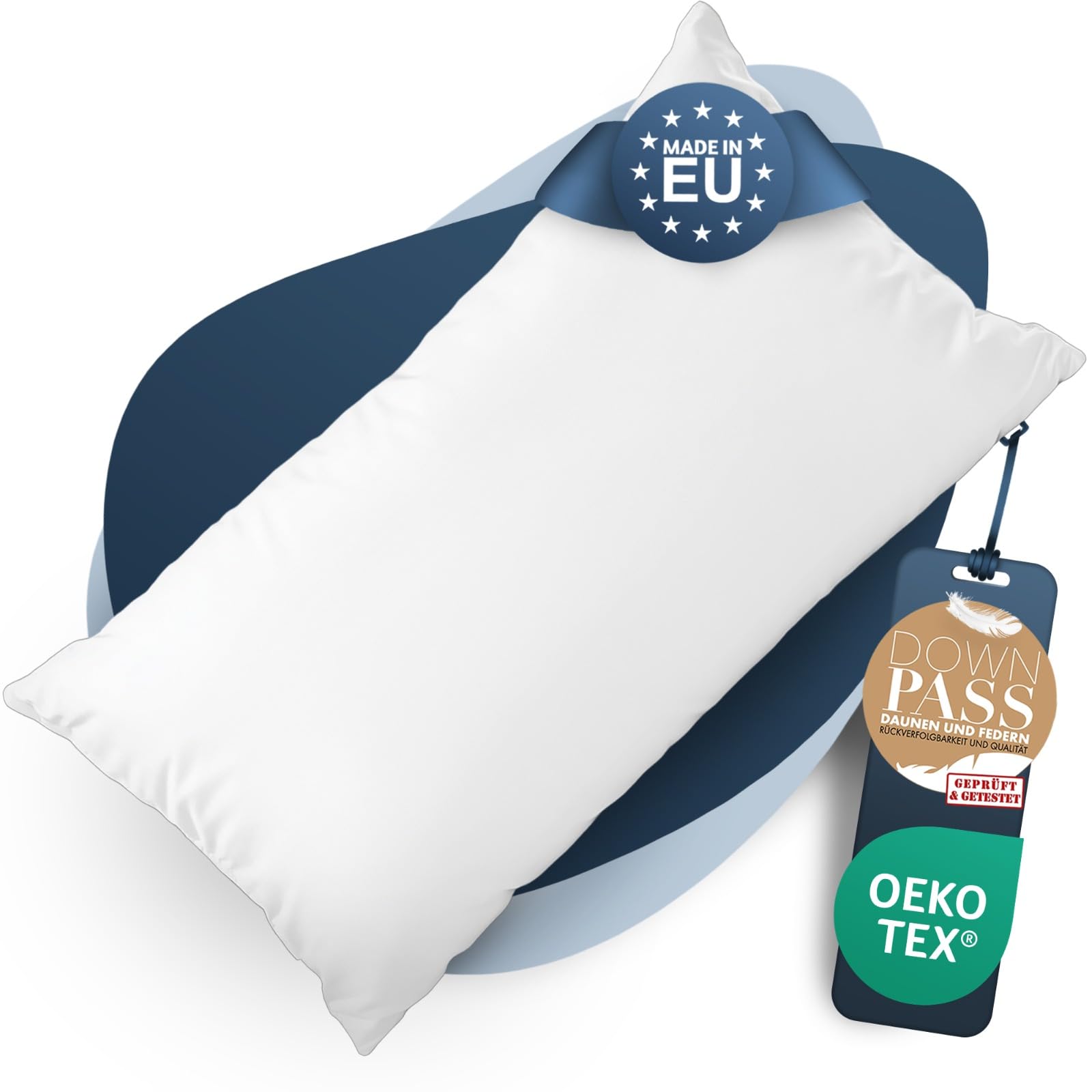 CALMONT 3-Kammer Daunenkissen Kopfkissen – 40x80 cm. Weißes, rechteckiges Kissen für optimale Kopfunterstützung im Bett.