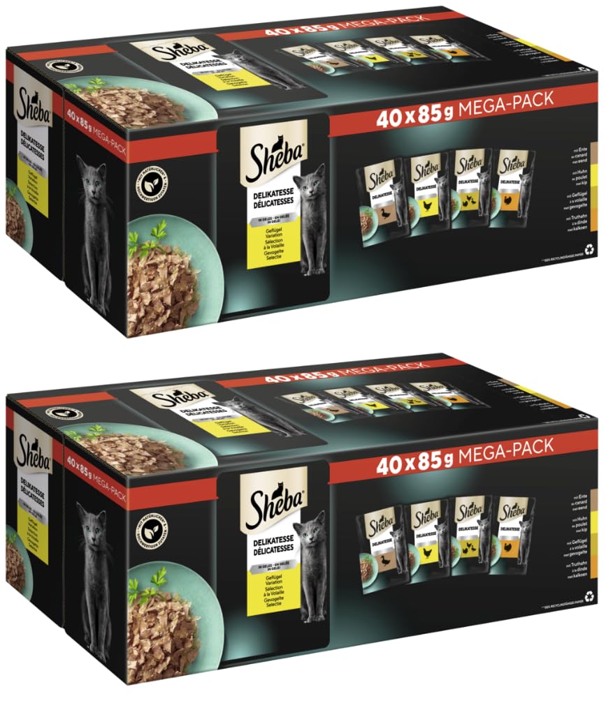 Sheba Delikatesse in Gelee Katzenfutter Geflügel Variation 2x 3400g Portionsbeutel mit Stückchen in Gelee