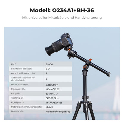 K&F CONCEPT O234A1 Kamerastativ mit Auslegearm Aluminium 163cm