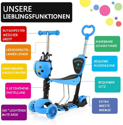 YOLEO 5-in-1 Kinder Scooter mit Sitz, Korb und Schubstange, Blau