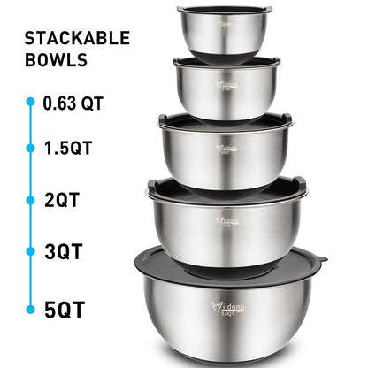 Wildone Rührschüssel-Set Edelstahl, 5-teilig, mit Deckeln und Reiben