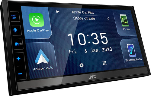 JVC KW-M785DBW Digital Media AV-Receiver, schwarzes, rechteckiges Gerät für Multimedia-Wiedergabe mit Wireless CarPlay/Android Auto im Fahrzeug.