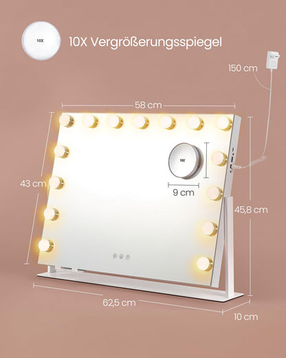 SONGMICS Schminkspiegel mit Beleuchtung, 15 LED, dimmbar, mattweiss
