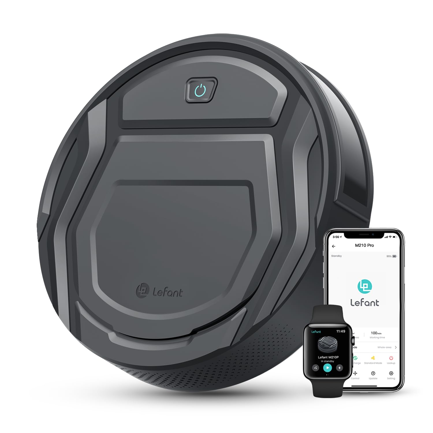 LEFANT M210PG Saugroboter, rund, grau. Reinigt Böden autonom mit 2200 Pa Saugkraft, ideal für Tierhaare. WLAN & Alexa-Steuerung.
