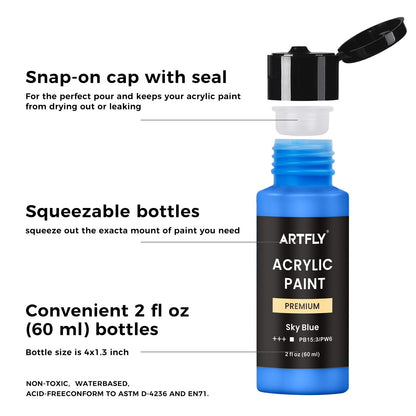 ARTFLY Acrylfarben Set, 36 Farben à 60 ml, mit 12 Pinseln