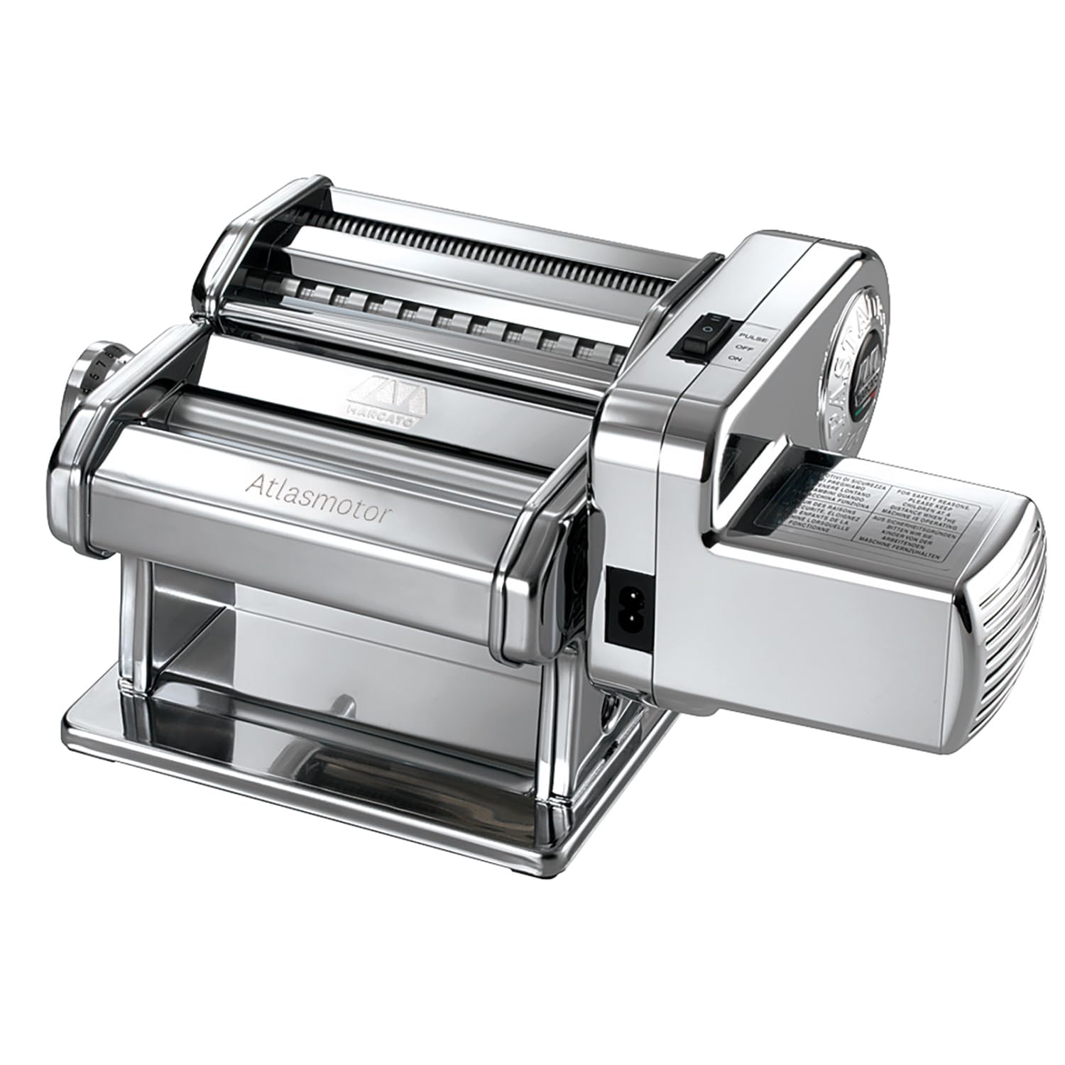 Marcato Atlas 150 Elektrische Nudelmaschine - Motor, Edelstahl. Rechteckiger, silberner Edelstahlkörper mit Motor zum automatischen Walzen von Nudelteig.