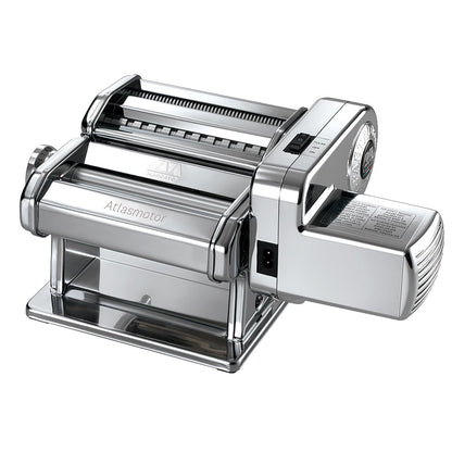 Marcato Atlas 150 Elektrische Nudelmaschine - Motor, Edelstahl. Rechteckiger, silberner Edelstahlkörper mit Motor zum automatischen Walzen von Nudelteig.