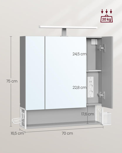VASAGLE Spiegelschrank LED Steckdosen wolkenweiss-Taubengrau BBK126G01