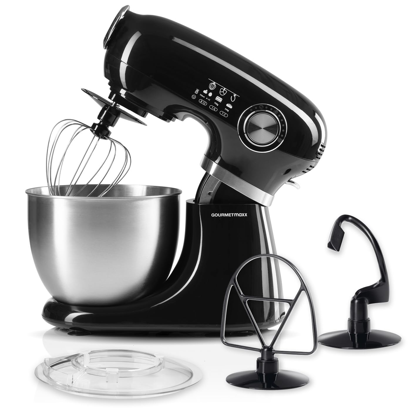 GOURMETmaxx Küchenmaschine & Rührgerät – elektrisch, Schwarz. Schwarzes Standgerät mit Rührschüssel zum Kneten, Rühren, Schlagen von Teig.