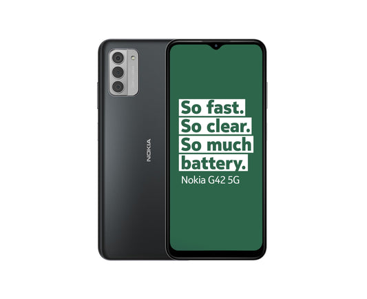 Nokia G42 5G Smartphone mit QuickFix Design - Grau. Graues Smartphone für 5G-Kommunikation und Internet, mit QuickFix-Reparaturdesign.