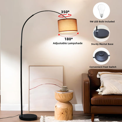 ANTENLICHT LUNA Bogenlampe Wohnzimmer Stehlampe I Inklusive LED E27 I Schwarzer Stoffschirm 33 cm I Fußschalter I Bogenleuchte Vintage geeignet für Schlafzimmer, Hotel