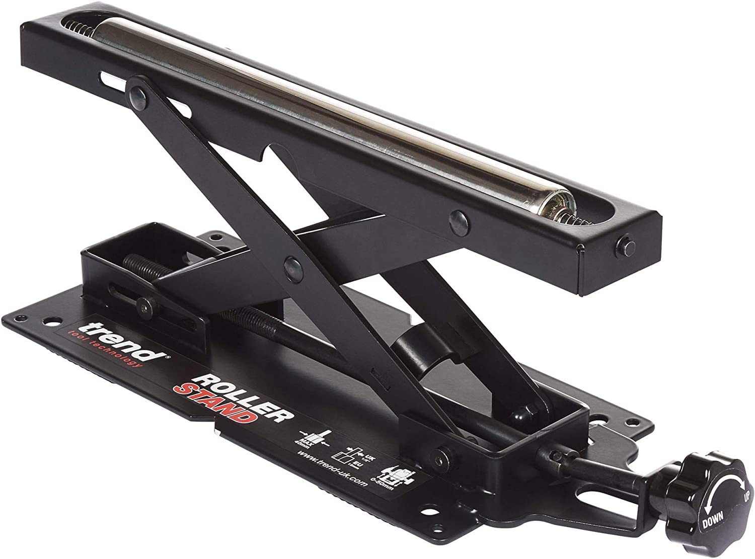 Trend Verstellbarer Tischgehrungssägen-Rollenständer R/STAND/A. Stabiler, höhenverstellbarer Metallständer mit Rollen. Stützt lange Werkstücke beim Sägen.