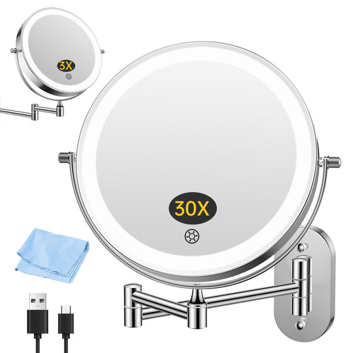 FUNTOUCH Kosmetikspiegel mit Beleuchtung, 3X/30X, Wandmontage – verchromter Edelstahl, ausziehbarer Arm