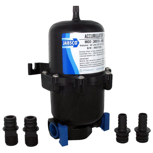 Jabsco 30573-0003 mini Akkumulator Tank – Schwarz. Schwarzer Kompakttank zur Glättung des Wasserdrucks in Pumpensystemen.