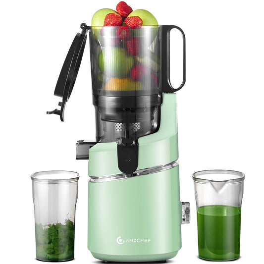 AMZCHEF Slow Juicer Entsafter 135MM Öffnung – Grün. Grüner, vertikaler Entsafter für schonende Kaltpressung von Obst/Gemüse.